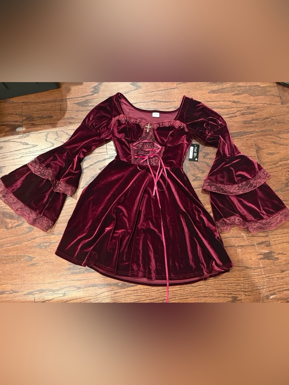 Women's Burgundy Velvet Lace-Up Long Sleeve Dress - vampire- Halloween